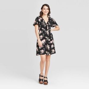 Floral Print Ruffle Sleeve Wrap Dress